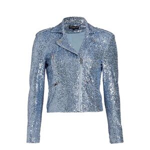Generation Love Robin Sequin Moto Jacket Blue Silver Cropped - NWOT - XS